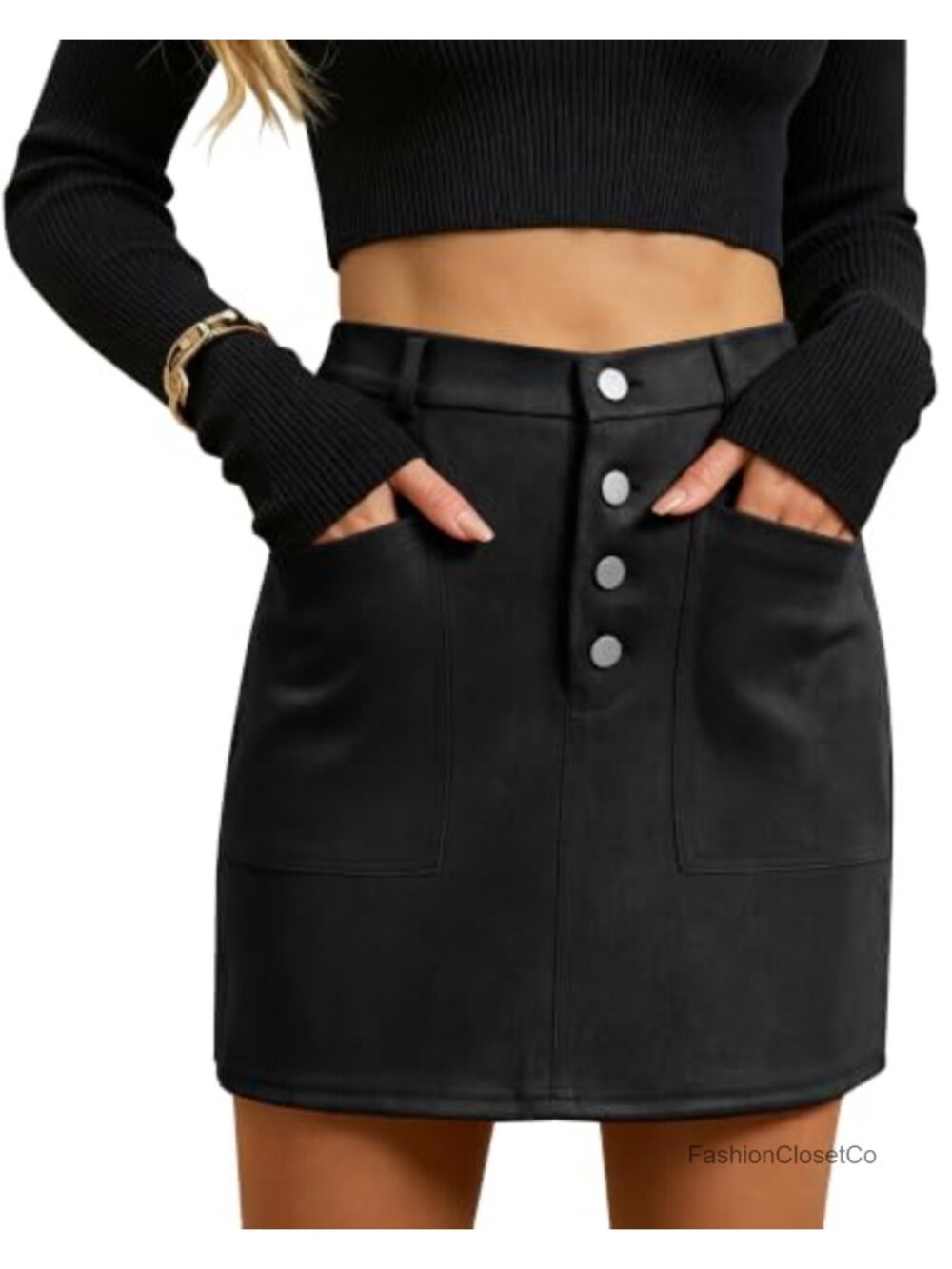 Women's High Waisted Suede Skirt Button Front A-Line Mini Skirt with Pockets